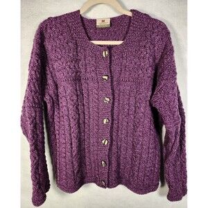 Carraig Donn Irish Merino Wool Cardigan LARGE Cable Knit Fisherman Sweater